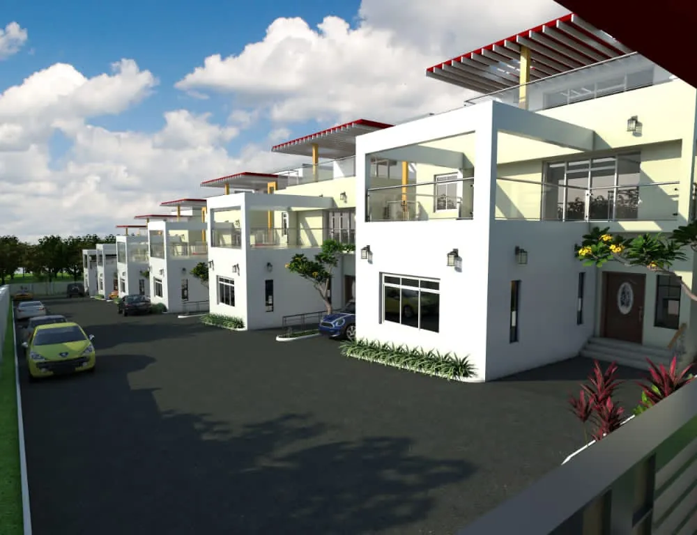 Artist's impression of a row of white contemporary townhouses with roof pergolas